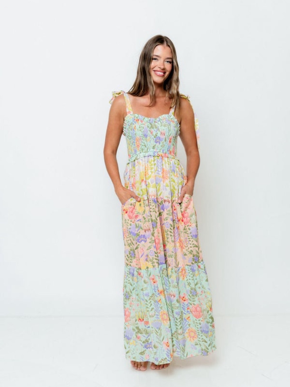 Worth Collective Constance Floral Tie-Shoulder Maxi Dress in size L